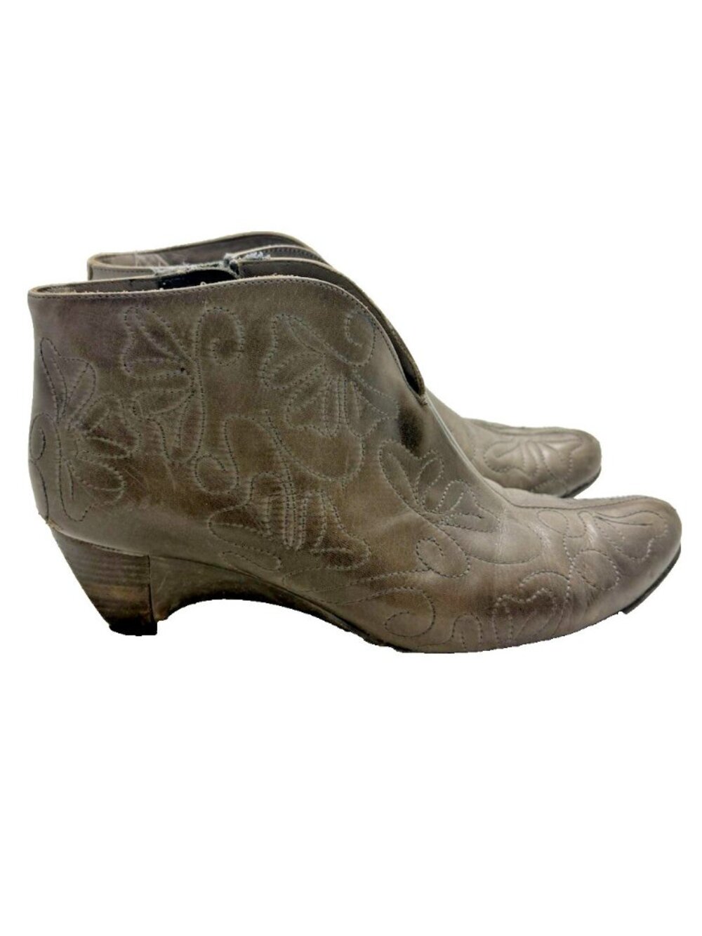 Pikolinos Ginebra Ankle Boots Gray Leather Kitten Heel Embroidered Sz 39EU 8.5US